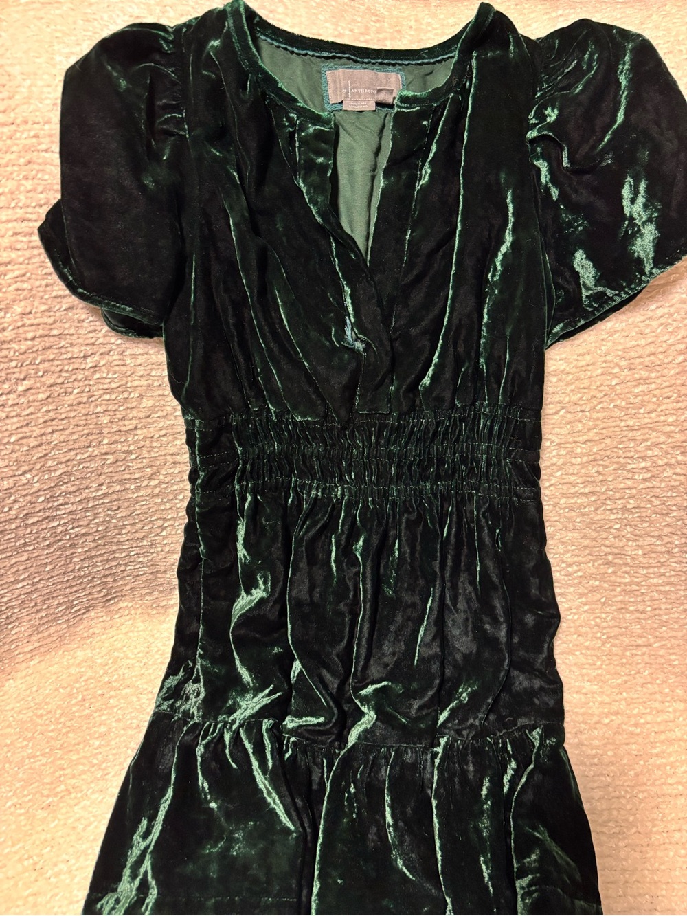 Anthropologie Emerald Green Velvet Short Sleeve Dress